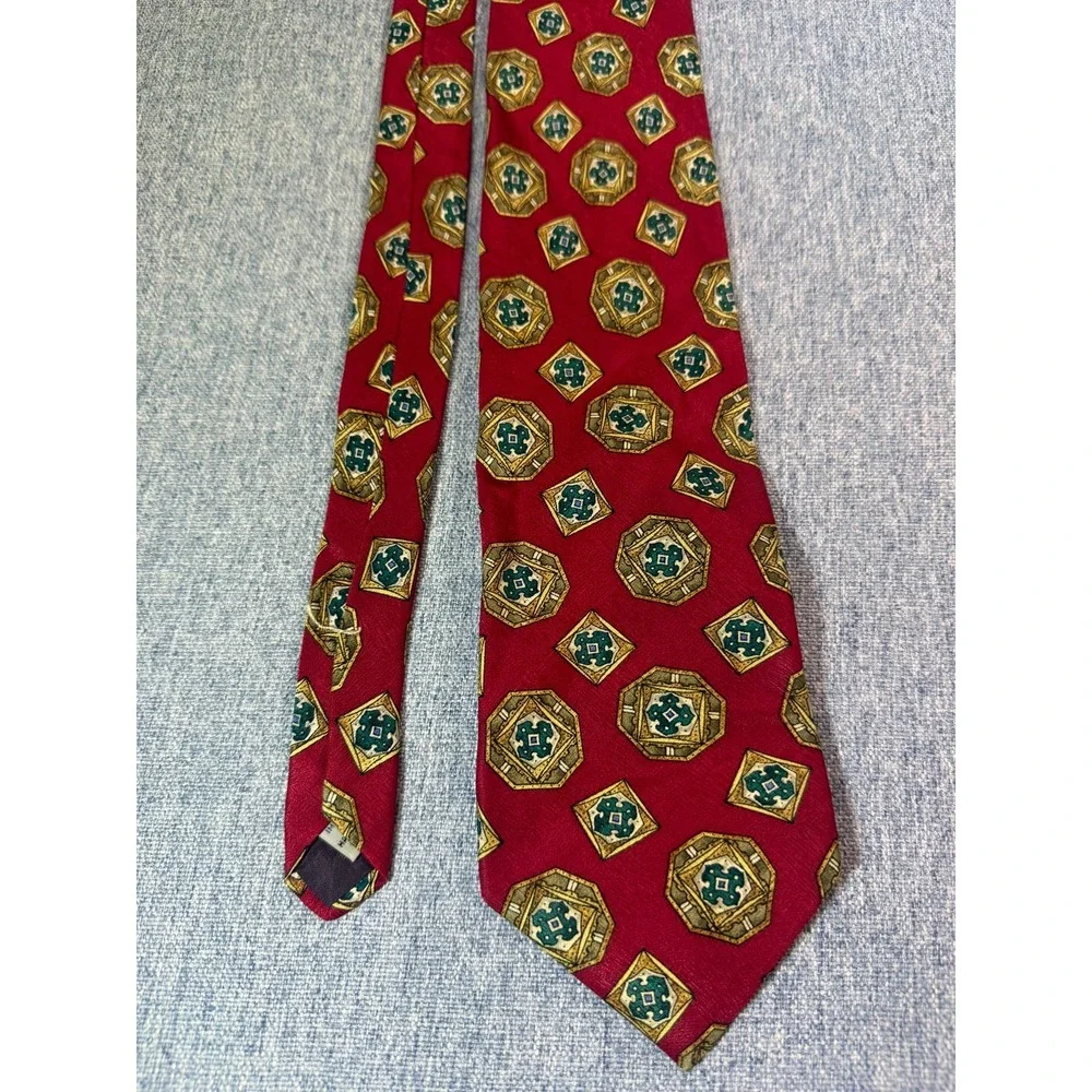 Vintage Aquascutum of London 100% Silk Tie Red Geometric Medallion Pattern